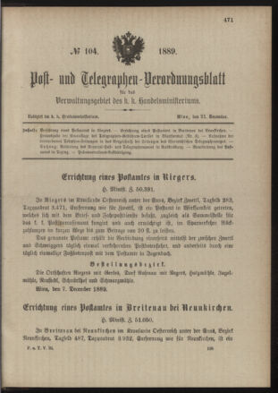 Post- und Telegraphen-Verordnungsblatt für das Verwaltungsgebiet des K.-K. Handelsministeriums 18891221 Seite: 1