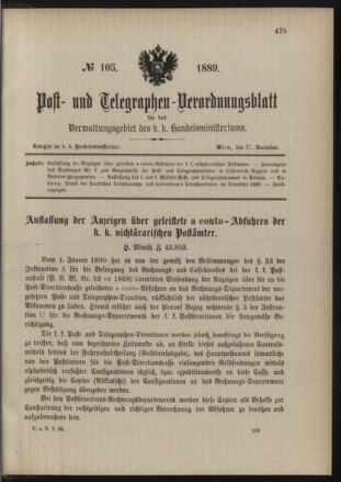 Post- und Telegraphen-Verordnungsblatt für das Verwaltungsgebiet des K.-K. Handelsministeriums 18891227 Seite: 1