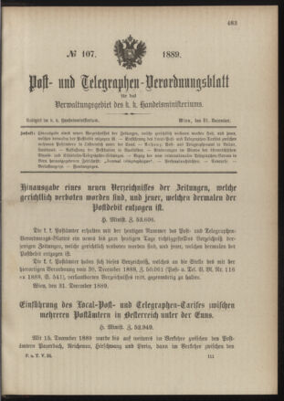 Post- und Telegraphen-Verordnungsblatt für das Verwaltungsgebiet des K.-K. Handelsministeriums 18891231 Seite: 1