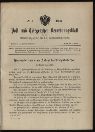 Post- und Telegraphen-Verordnungsblatt für das Verwaltungsgebiet des K.-K. Handelsministeriums 18900109 Seite: 1