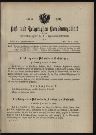 Post- und Telegraphen-Verordnungsblatt für das Verwaltungsgebiet des K.-K. Handelsministeriums 18900121 Seite: 1