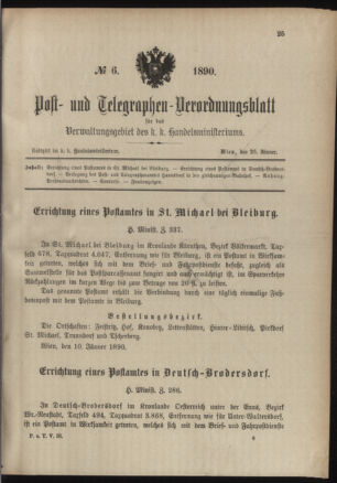 Post- und Telegraphen-Verordnungsblatt für das Verwaltungsgebiet des K.-K. Handelsministeriums 18900126 Seite: 1