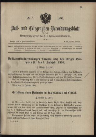 Post- und Telegraphen-Verordnungsblatt für das Verwaltungsgebiet des K.-K. Handelsministeriums 18900131 Seite: 1