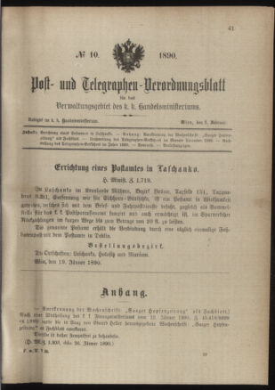 Post- und Telegraphen-Verordnungsblatt für das Verwaltungsgebiet des K.-K. Handelsministeriums 18900203 Seite: 1