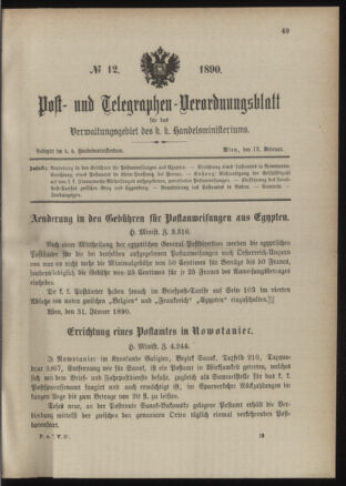 Post- und Telegraphen-Verordnungsblatt für das Verwaltungsgebiet des K.-K. Handelsministeriums 18900212 Seite: 1