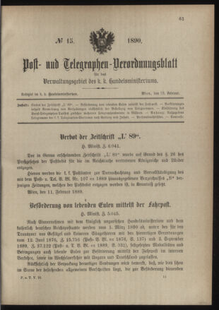 Post- und Telegraphen-Verordnungsblatt für das Verwaltungsgebiet des K.-K. Handelsministeriums 18900218 Seite: 1