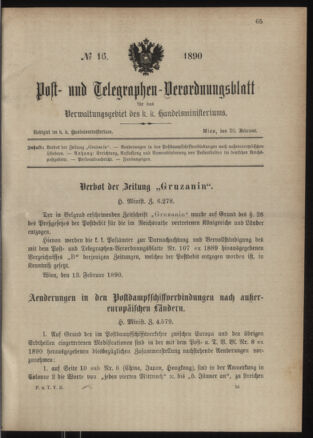 Post- und Telegraphen-Verordnungsblatt für das Verwaltungsgebiet des K.-K. Handelsministeriums 18900220 Seite: 1