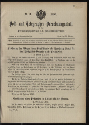 Post- und Telegraphen-Verordnungsblatt für das Verwaltungsgebiet des K.-K. Handelsministeriums 18900224 Seite: 1