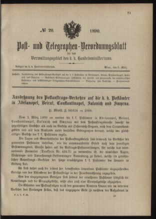 Post- und Telegraphen-Verordnungsblatt für das Verwaltungsgebiet des K.-K. Handelsministeriums 18900306 Seite: 1