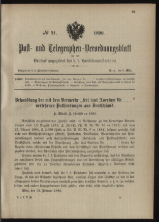 Post- und Telegraphen-Verordnungsblatt für das Verwaltungsgebiet des K.-K. Handelsministeriums 18900308 Seite: 1