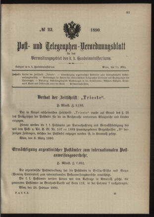 Post- und Telegraphen-Verordnungsblatt für das Verwaltungsgebiet des K.-K. Handelsministeriums 18900310 Seite: 1