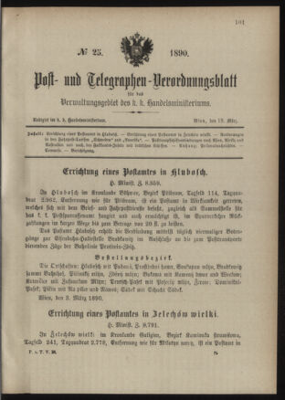 Post- und Telegraphen-Verordnungsblatt für das Verwaltungsgebiet des K.-K. Handelsministeriums 18900318 Seite: 1