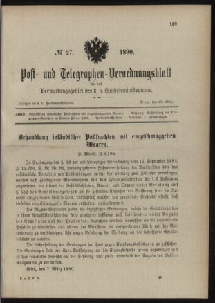 Post- und Telegraphen-Verordnungsblatt für das Verwaltungsgebiet des K.-K. Handelsministeriums 18900322 Seite: 1