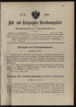 Post- und Telegraphen-Verordnungsblatt für das Verwaltungsgebiet des K.-K. Handelsministeriums 18900326 Seite: 1