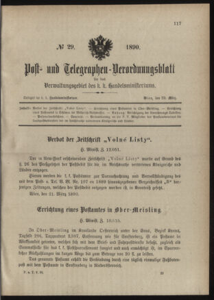 Post- und Telegraphen-Verordnungsblatt für das Verwaltungsgebiet des K.-K. Handelsministeriums 18900329 Seite: 1