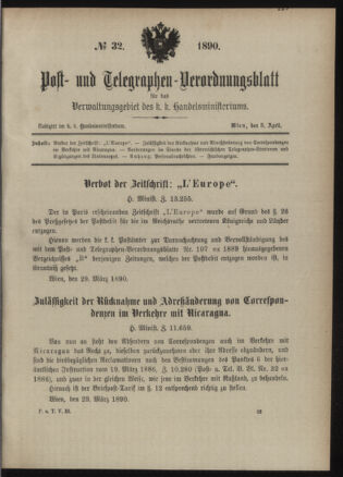 Post- und Telegraphen-Verordnungsblatt für das Verwaltungsgebiet des K.-K. Handelsministeriums 18900405 Seite: 1