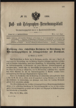 Post- und Telegraphen-Verordnungsblatt für das Verwaltungsgebiet des K.-K. Handelsministeriums 18900408 Seite: 1