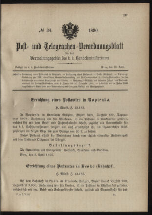 Post- und Telegraphen-Verordnungsblatt für das Verwaltungsgebiet des K.-K. Handelsministeriums 18900410 Seite: 1