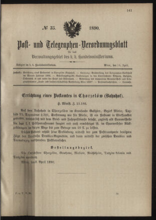 Post- und Telegraphen-Verordnungsblatt für das Verwaltungsgebiet des K.-K. Handelsministeriums 18900414 Seite: 1