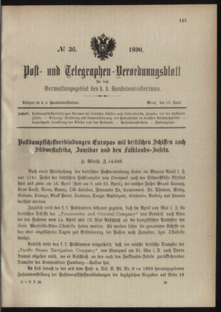 Post- und Telegraphen-Verordnungsblatt für das Verwaltungsgebiet des K.-K. Handelsministeriums 18900416 Seite: 1