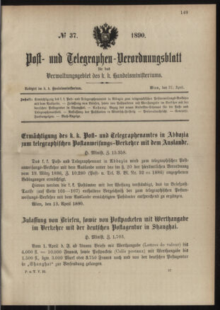 Post- und Telegraphen-Verordnungsblatt für das Verwaltungsgebiet des K.-K. Handelsministeriums 18900421 Seite: 1