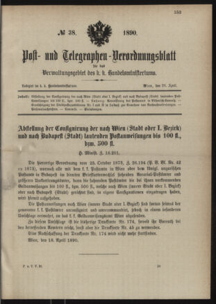 Post- und Telegraphen-Verordnungsblatt für das Verwaltungsgebiet des K.-K. Handelsministeriums 18900426 Seite: 1