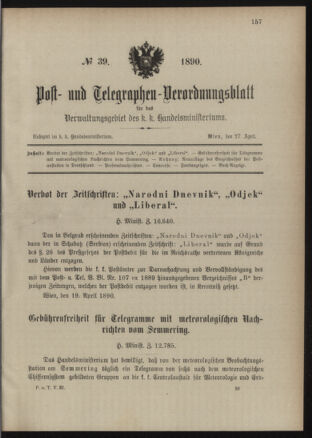 Post- und Telegraphen-Verordnungsblatt für das Verwaltungsgebiet des K.-K. Handelsministeriums 18900427 Seite: 1