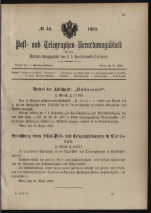 Post- und Telegraphen-Verordnungsblatt für das Verwaltungsgebiet des K.-K. Handelsministeriums 18900430 Seite: 1