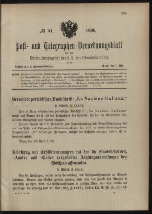 Post- und Telegraphen-Verordnungsblatt für das Verwaltungsgebiet des K.-K. Handelsministeriums 18900507 Seite: 1