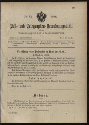 Post- und Telegraphen-Verordnungsblatt für das Verwaltungsgebiet des K.-K. Handelsministeriums 18900510 Seite: 1