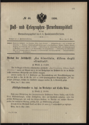 Post- und Telegraphen-Verordnungsblatt für das Verwaltungsgebiet des K.-K. Handelsministeriums 18900515 Seite: 1