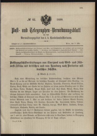 Post- und Telegraphen-Verordnungsblatt für das Verwaltungsgebiet des K.-K. Handelsministeriums 18900519 Seite: 1