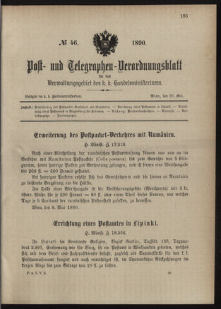 Post- und Telegraphen-Verordnungsblatt für das Verwaltungsgebiet des K.-K. Handelsministeriums 18900520 Seite: 1