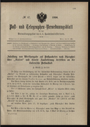 Post- und Telegraphen-Verordnungsblatt für das Verwaltungsgebiet des K.-K. Handelsministeriums 18900524 Seite: 1