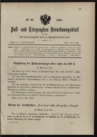 Post- und Telegraphen-Verordnungsblatt für das Verwaltungsgebiet des K.-K. Handelsministeriums 18900530 Seite: 1