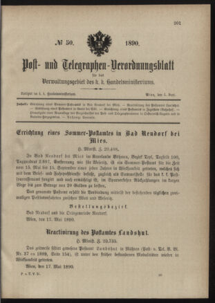 Post- und Telegraphen-Verordnungsblatt für das Verwaltungsgebiet des K.-K. Handelsministeriums 18900604 Seite: 1