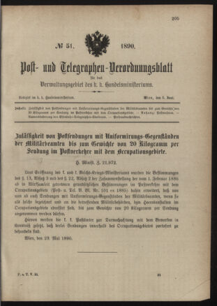 Post- und Telegraphen-Verordnungsblatt für das Verwaltungsgebiet des K.-K. Handelsministeriums 18900605 Seite: 1