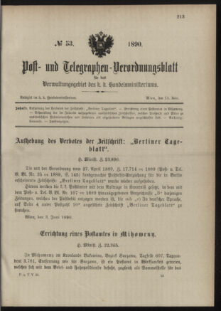 Post- und Telegraphen-Verordnungsblatt für das Verwaltungsgebiet des K.-K. Handelsministeriums 18900610 Seite: 1