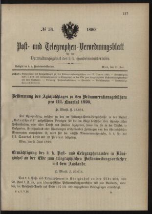 Post- und Telegraphen-Verordnungsblatt für das Verwaltungsgebiet des K.-K. Handelsministeriums 18900611 Seite: 1