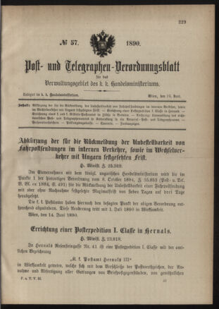 Post- und Telegraphen-Verordnungsblatt für das Verwaltungsgebiet des K.-K. Handelsministeriums 18900619 Seite: 1