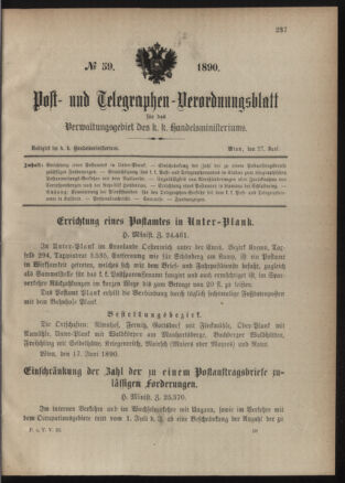 Post- und Telegraphen-Verordnungsblatt für das Verwaltungsgebiet des K.-K. Handelsministeriums 18900627 Seite: 1