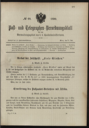 Post- und Telegraphen-Verordnungsblatt für das Verwaltungsgebiet des K.-K. Handelsministeriums 18900721 Seite: 1