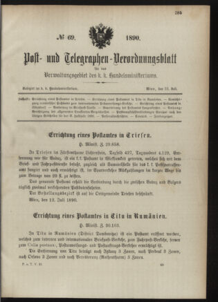 Post- und Telegraphen-Verordnungsblatt für das Verwaltungsgebiet des K.-K. Handelsministeriums 18900723 Seite: 1