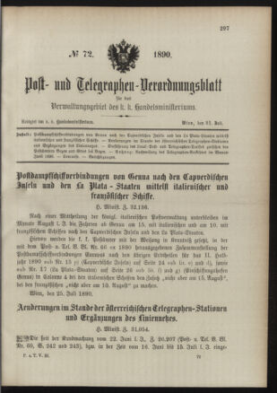 Post- und Telegraphen-Verordnungsblatt für das Verwaltungsgebiet des K.-K. Handelsministeriums 18900731 Seite: 1