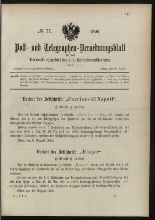 Post- und Telegraphen-Verordnungsblatt für das Verwaltungsgebiet des K.-K. Handelsministeriums 18900819 Seite: 1