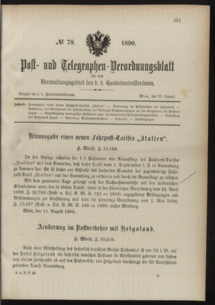 Post- und Telegraphen-Verordnungsblatt für das Verwaltungsgebiet des K.-K. Handelsministeriums 18900822 Seite: 1