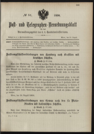 Post- und Telegraphen-Verordnungsblatt für das Verwaltungsgebiet des K.-K. Handelsministeriums 18900830 Seite: 1