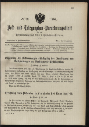 Post- und Telegraphen-Verordnungsblatt für das Verwaltungsgebiet des K.-K. Handelsministeriums 18900902 Seite: 1