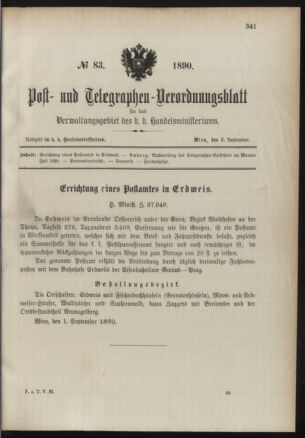 Post- und Telegraphen-Verordnungsblatt für das Verwaltungsgebiet des K.-K. Handelsministeriums 18900905 Seite: 1