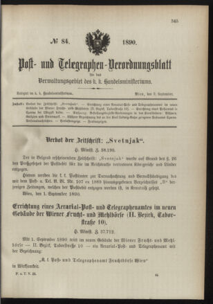 Post- und Telegraphen-Verordnungsblatt für das Verwaltungsgebiet des K.-K. Handelsministeriums 18900909 Seite: 1